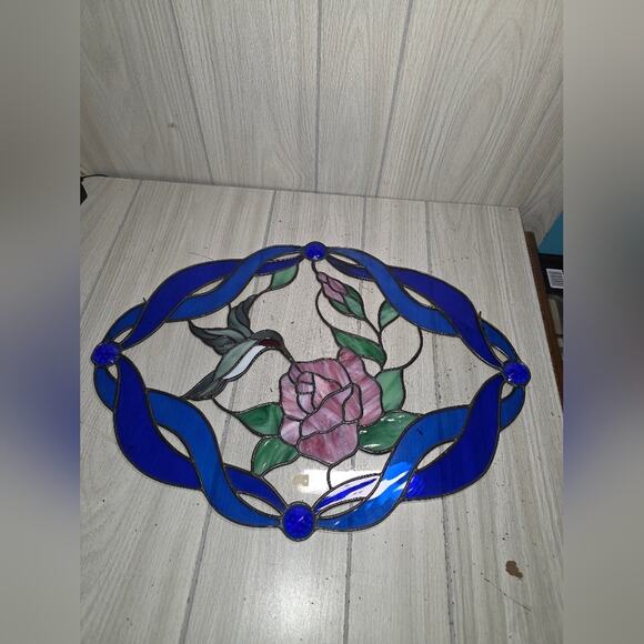 Vtg Humming Bird And Rose Stained Glass Oval Leaded Antique? 16x22" Read - Picture 12 of 13